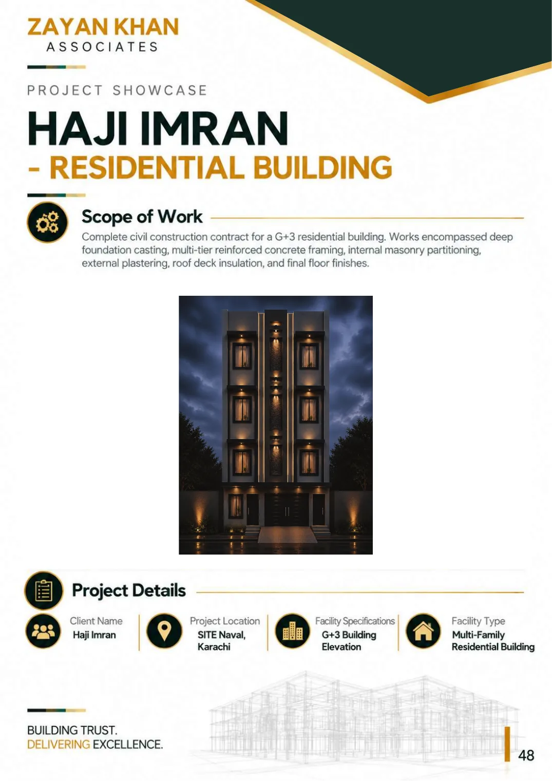 Company profile, page 49: Haji Imran Residential Building — G+3 residential building